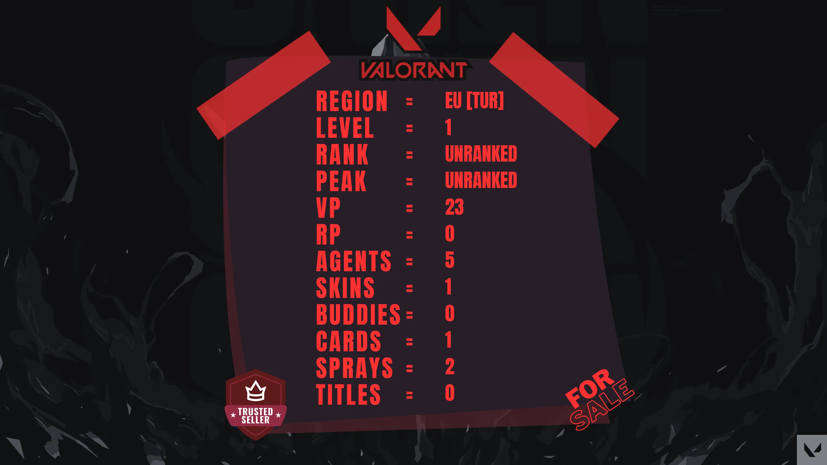 EU ⸱ 🎖️ Unranked ⸱ 🔢 1 Level ⸱ ⬆️ Peak Unranked ⸱ 🔫 1 Skins ⸱ 🎟️ x Battlepass ⸱ 💰 23 VP ⸱ 🔮  RP ⸱ 🧬 5x Agents ⸱ 📝 Check Description 2