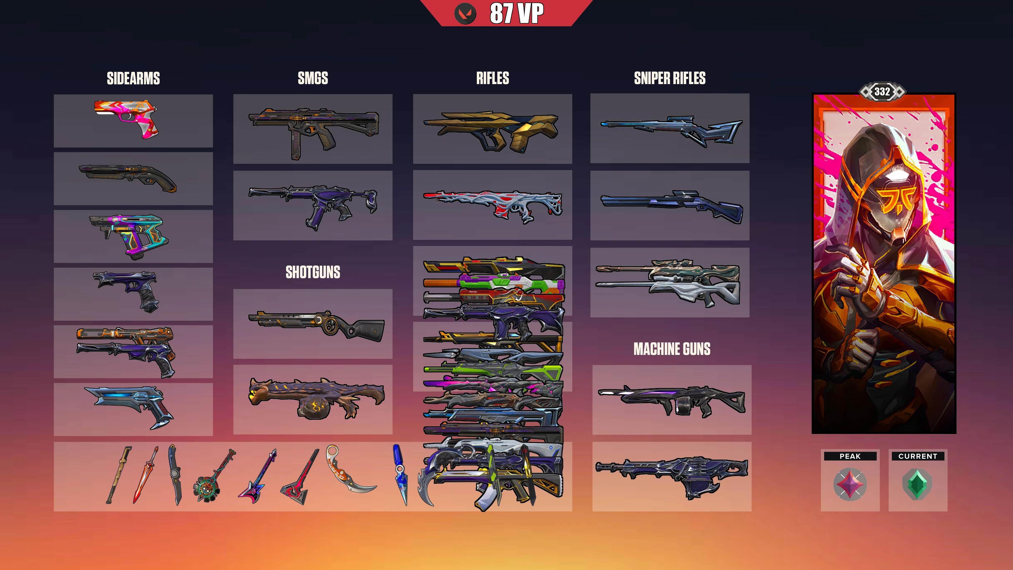 EU ⸱ 🎖️ Ascendant 1 ⸱ 🔢 332 Level ⸱ ⬆️ Peak Immortal 1 ⸱ 🔫 147 Skins ⸱ 🎟️ 7x Battlepass ⸱ 💰 87 VP ⸱ 🔮 80 RP ⸱ 🧬 29x Agents ⸱ 📝 Check Description 1