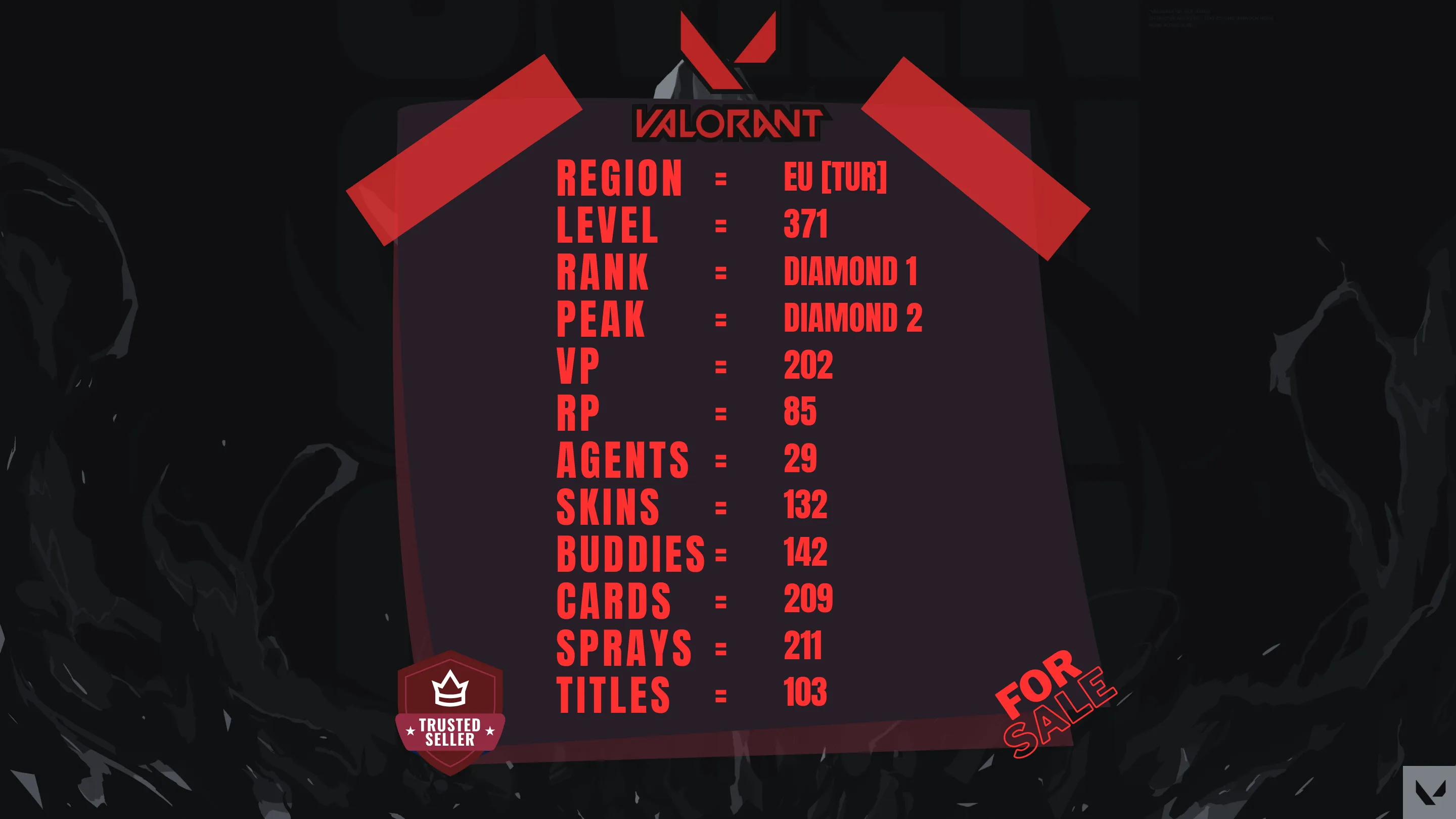 EU ⸱ 🎖️ Diamond 1 ⸱ 🔢 371 Level ⸱ ⬆️ Peak Diamond 2 ⸱ 🔫 132 Skins ⸱ 🎟️ 7x Battlepass ⸱ 💰 202 VP ⸱ 🔮 85 RP ⸱ 🧬 29x Agents ⸱ 📝 Check Description thumbnail 5
