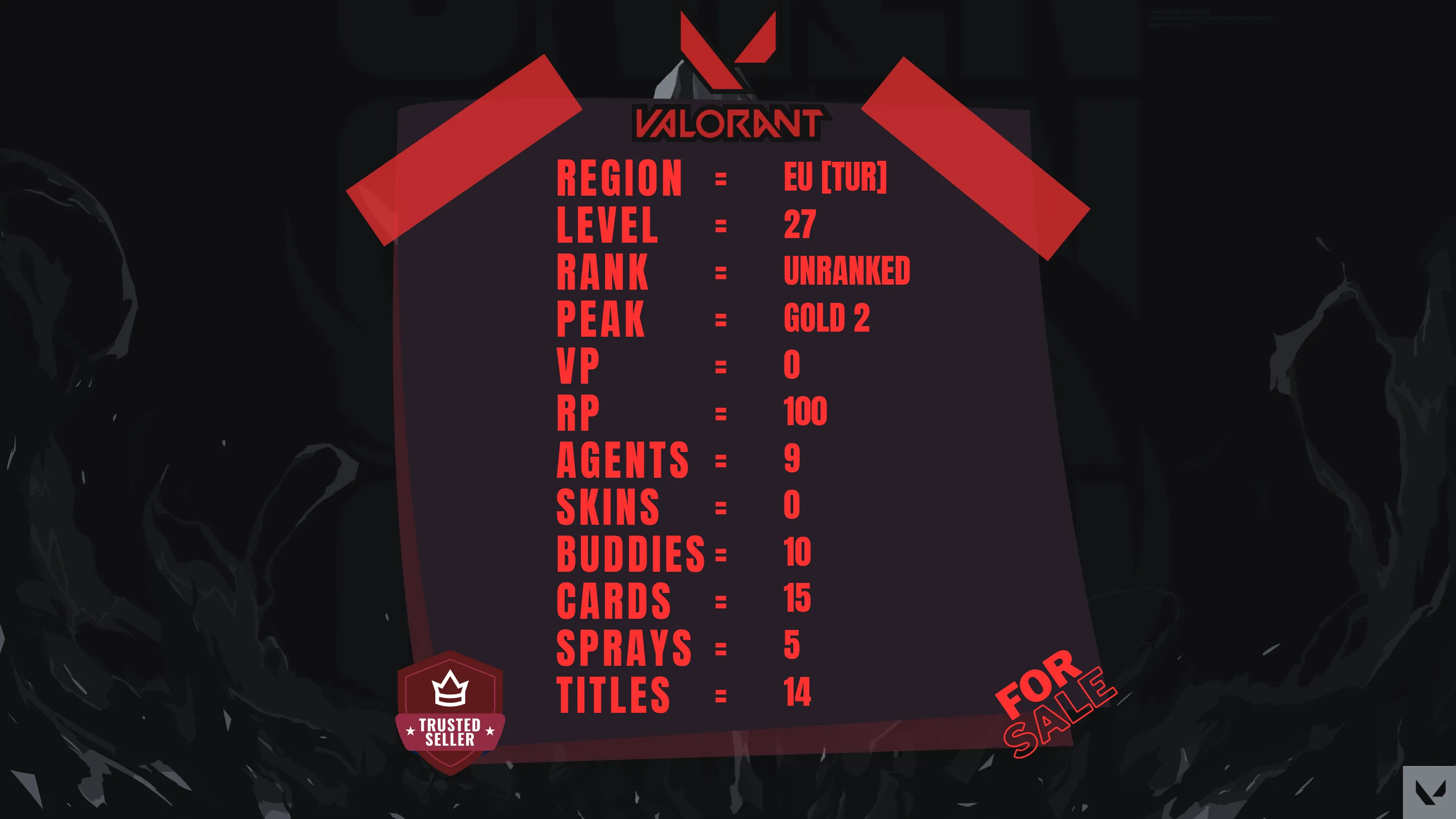 EU ⸱ 🎖️ Ready For Rank ⸱ 🔢 27 Level ⸱ ⬆️ Peak Gold 2 ⸱ 🔮 100 RP ⸱ 🧬 9x Agents ⸱ 📝 Check Description