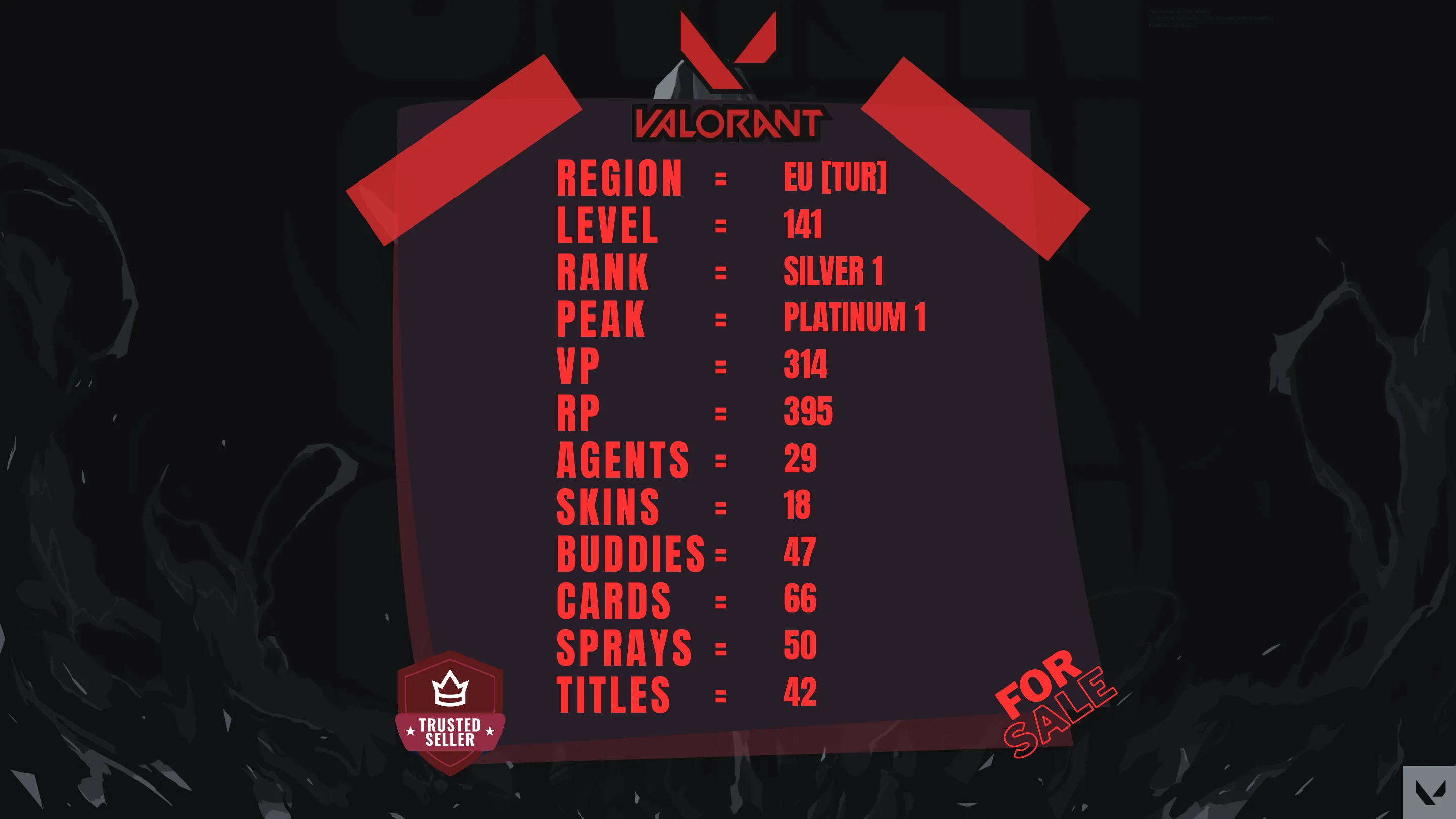 EU ⸱ 🎖️ Silver 1 ⸱ 🔢 141 Level ⸱ ⬆️ Peak Platinum 1 ⸱ 🔫 18 Skins ⸱ 🎟️ 1x Battlepass ⸱ 💰 314 VP ⸱ 🔮 395 RP ⸱ 🧬 29x Agents ⸱ 📝 Check Description thumbnail 4